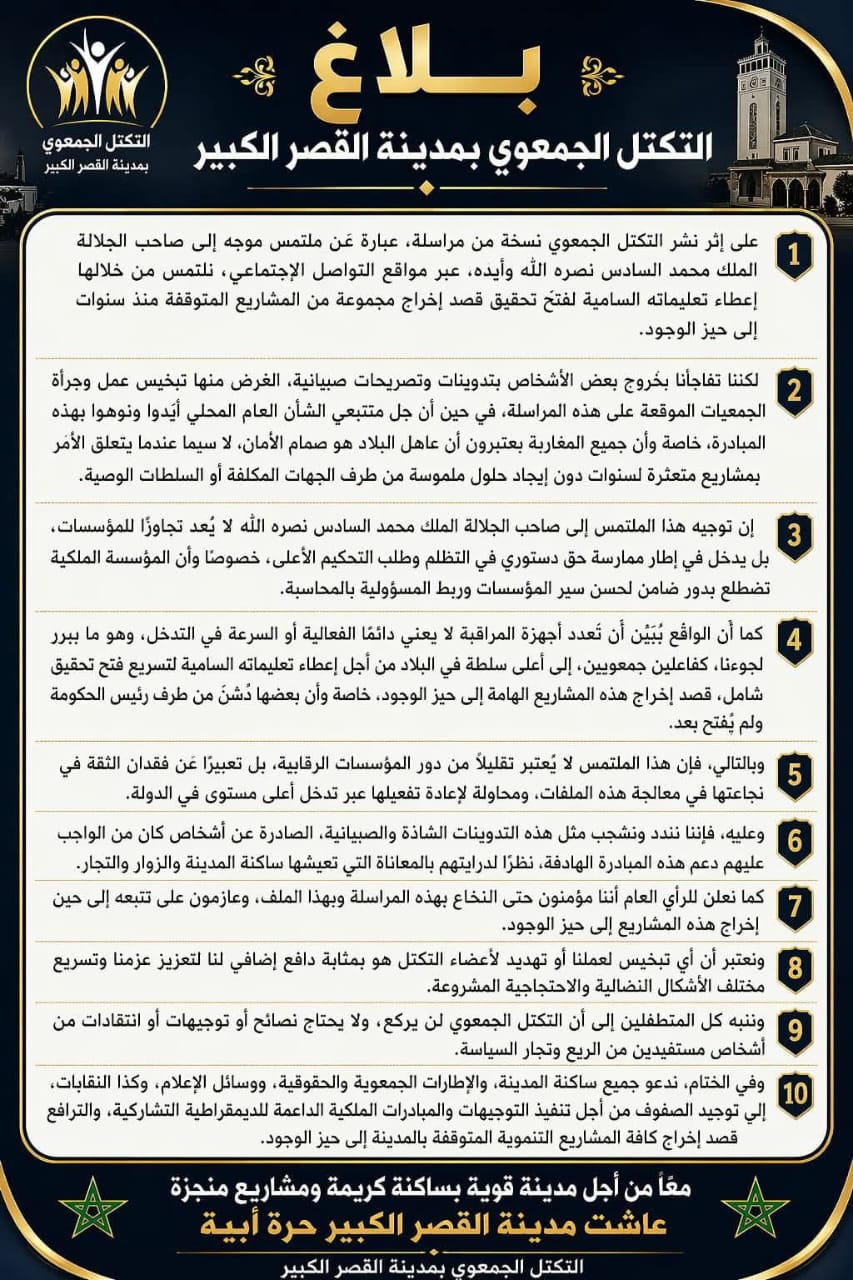 التكتل الجمعوي بالقصر الكبير يدافع عن مراسلته للملك ويرد على منتقديه: “حق دستوري لتسريع المشاريع المتعثرة”